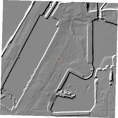 Shaded relief map of the ground around DN313NP, computed from Environment Agency LiDAR. The ground here sits at about 4 m above sea level and falls 11 m across the surrounding 800 m. Surface water reaching this point runs off ground lying to the west, 0.8 m higher.