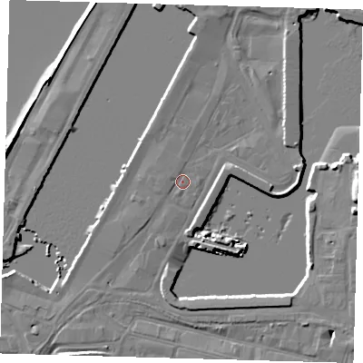 Shaded relief map of the ground around DN313NQ, computed from Environment Agency LiDAR. The ground here sits at about 4 m above sea level and falls 7 m across the surrounding 800 m. Surface water reaching this point runs off ground lying to the west-north-west, 0.8 m higher.
