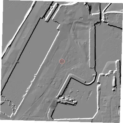 Shaded relief map of the ground around DN313NU, computed from Environment Agency LiDAR. The ground here sits at about 4 m above sea level and falls 11 m across the surrounding 800 m. Surface water reaching this point runs off ground lying to the west, 0.8 m higher.