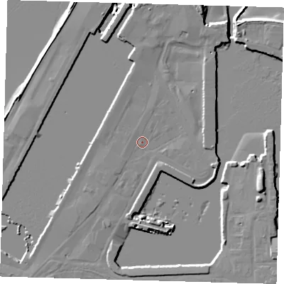 Shaded relief map of the ground around DN313PD, computed from Environment Agency LiDAR. The ground here sits at about 4 m above sea level and falls 11 m across the surrounding 800 m. Surface water reaching this point runs off ground lying to the south-west, 1.1 m higher.