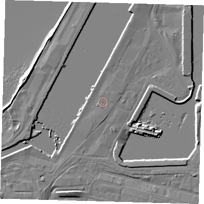 Shaded relief map of the ground around DN313PF, computed from Environment Agency LiDAR. The ground here sits at about 4 m above sea level and falls 7 m across the surrounding 800 m. Surface water reaching this point runs off ground lying to the north, 0.6 m higher.