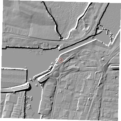 Shaded relief map of the ground around DN313PG, computed from Environment Agency LiDAR. The ground here sits at about 5 m above sea level and falls 7 m across the surrounding 800 m. Surface water reaching this point runs off ground lying to the south-east, 0.9 m higher.