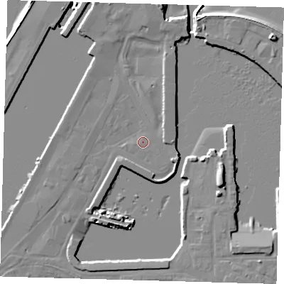 Shaded relief map of the ground around DN313PS, computed from Environment Agency LiDAR. The ground here sits at about 4 m above sea level and falls 11 m across the surrounding 800 m. Surface water reaching this point runs off ground lying to the south-west, 1.7 m higher.