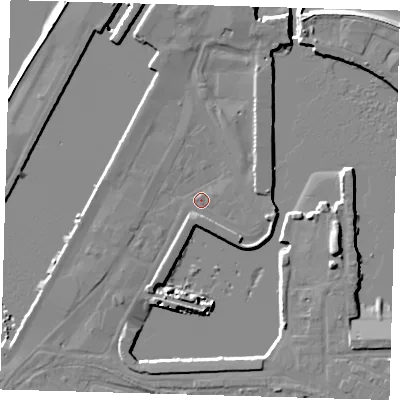 Shaded relief map of the ground around DN313PT, computed from Environment Agency LiDAR. The ground here sits at about 4 m above sea level and falls 11 m across the surrounding 800 m. Surface water reaching this point runs off ground lying to the north, 2.9 m higher.