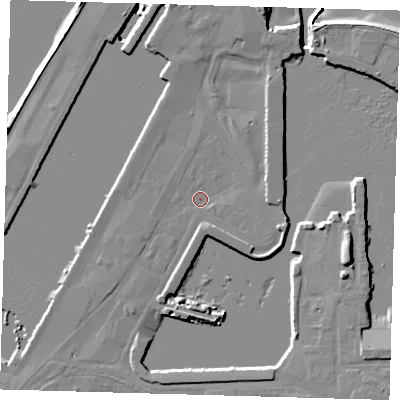Shaded relief map of the ground around DN313PU, computed from Environment Agency LiDAR. The ground here sits at about 3 m above sea level and falls 11 m across the surrounding 800 m. Surface water reaching this point runs off ground lying to the north, 3.1 m higher.