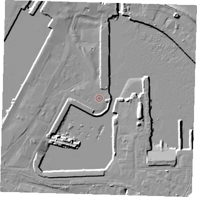 Shaded relief map of the ground around DN313QA, computed from Environment Agency LiDAR. The ground here sits at about 3 m above sea level and falls 12 m across the surrounding 800 m. Surface water reaching this point runs off ground lying to the north-east, 1.7 m higher.