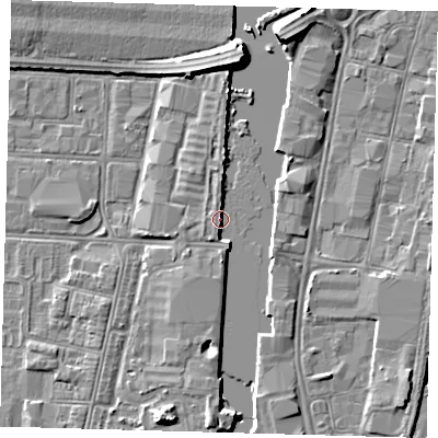 Shaded relief map of the ground around DN313QB, computed from Environment Agency LiDAR. The ground here sits at about 5 m above sea level and falls 7 m across the surrounding 800 m. Surface water reaching this point runs off ground lying to the south-east, 2.0 m higher.