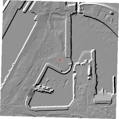 Shaded relief map of the ground around DN313QD, computed from Environment Agency LiDAR. The ground here sits at about 3 m above sea level and falls 11 m across the surrounding 800 m. Surface water reaching this point runs off ground lying to the east-north-east, 1.7 m higher.