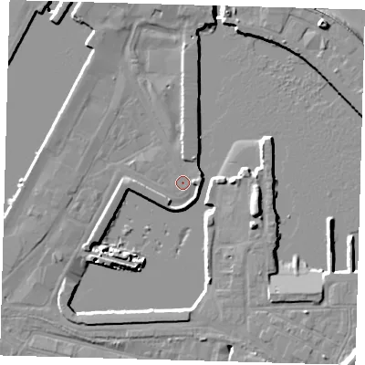 Shaded relief map of the ground around DN313QF, computed from Environment Agency LiDAR. The ground here sits at about 3 m above sea level and falls 13 m across the surrounding 800 m. Surface water reaching this point runs off ground lying to the north-north-east, 1.7 m higher.