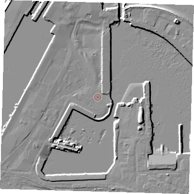 Shaded relief map of the ground around DN313QH, computed from Environment Agency LiDAR. The ground here sits at about 3 m above sea level and falls 11 m across the surrounding 800 m. Surface water reaching this point runs off ground lying to the east-north-east, 1.7 m higher.
