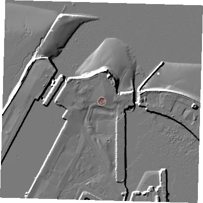 Shaded relief map of the ground around DN313QL, computed from Environment Agency LiDAR. The ground here sits at about 4 m above sea level and falls 11 m across the surrounding 800 m. Surface water reaching this point runs off ground lying to the north, 3.7 m higher.