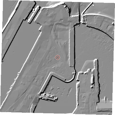 Shaded relief map of the ground around DN313QR, computed from Environment Agency LiDAR. The ground here sits at about 3 m above sea level and falls 11 m across the surrounding 800 m. Surface water reaching this point runs off ground lying to the west-south-west, 1.1 m higher.