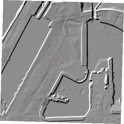 Shaded relief map of the ground around DN313QS, computed from Environment Agency LiDAR. The ground here sits at about 3 m above sea level and falls 11 m across the surrounding 800 m. Surface water reaching this point runs off ground lying to the west-south-west, 1.1 m higher.