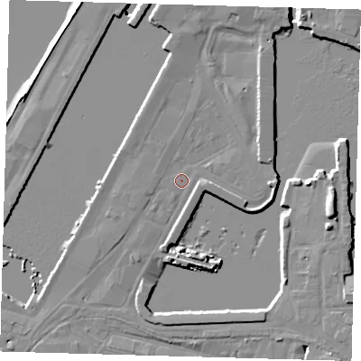 Shaded relief map of the ground around DN313QW, computed from Environment Agency LiDAR. The ground here sits at about 4 m above sea level and falls 11 m across the surrounding 800 m. Surface water reaching this point runs off ground lying to the west, 1.1 m higher.