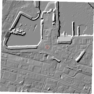 Shaded relief map of the ground around DN313RD, computed from Environment Agency LiDAR. The ground here sits at about 5 m above sea level and falls 9 m across the surrounding 800 m. The ground contributing surface water to this point lies to the west-south-west.