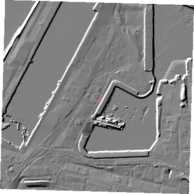 Shaded relief map of the ground around DN313RP, computed from Environment Agency LiDAR. The ground here sits at about 4 m above sea level and falls 7 m across the surrounding 800 m. Surface water reaching this point runs off ground lying to the south, 1.4 m higher.