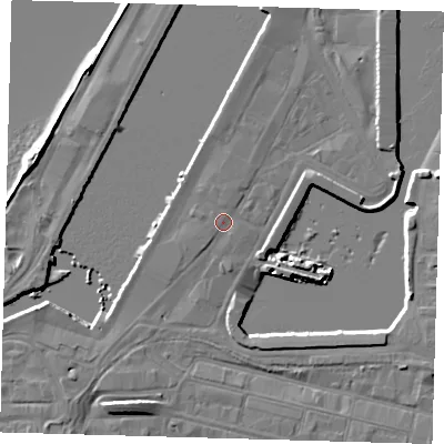 Shaded relief map of the ground around DN313RS, computed from Environment Agency LiDAR. The ground here sits at about 4 m above sea level and falls 7 m across the surrounding 800 m. Surface water reaching this point runs off ground lying to the north-north-west, 0.9 m higher.