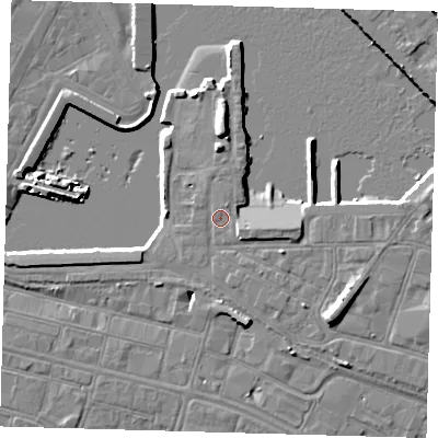 Shaded relief map of the ground around DN313SD, computed from Environment Agency LiDAR. The ground here sits at about 5 m above sea level and falls 9 m across the surrounding 800 m. Surface water reaching this point runs off ground lying to the east-south-east, 1.7 m higher.