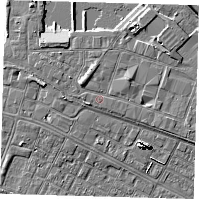 Shaded relief map of the ground around DN313SG, computed from Environment Agency LiDAR. The ground here sits at about 5 m above sea level and falls 10 m across the surrounding 800 m. Surface water reaching this point runs off ground lying to the north-west, 5.0 m higher.