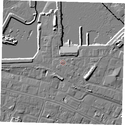 Shaded relief map of the ground around DN313SH, computed from Environment Agency LiDAR. The ground here sits at about 5 m above sea level and falls 9 m across the surrounding 800 m. Surface water reaching this point runs off ground lying to the east-north-east, 0.7 m higher.