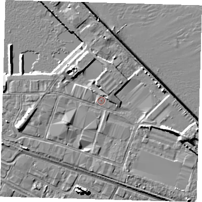 Shaded relief map of the ground around DN313SL, computed from Environment Agency LiDAR. The ground here sits at about 5 m above sea level and falls 11 m across the surrounding 800 m. Surface water reaching this point runs off ground lying to the east-south-east, 5.6 m higher.