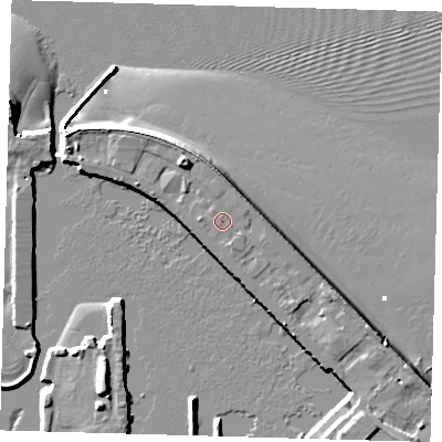 Shaded relief map of the ground around DN313SY, computed from Environment Agency LiDAR. The ground here sits at about 5 m above sea level and falls 11 m across the surrounding 800 m. Surface water reaching this point runs off ground lying to the east-south-east, 2.1 m higher.