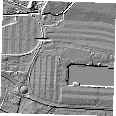 Shaded relief map of the ground around DN313TD, computed from Environment Agency LiDAR. The ground here sits at about 5 m above sea level and falls 7 m across the surrounding 800 m. Surface water reaching this point runs off ground lying to the south-south-east, 0.5 m higher.