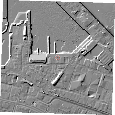 Shaded relief map of the ground around DN313TE, computed from Environment Agency LiDAR. The ground here sits at about 5 m above sea level and falls 11 m across the surrounding 800 m. The ground contributing surface water to this point lies to the south-east.