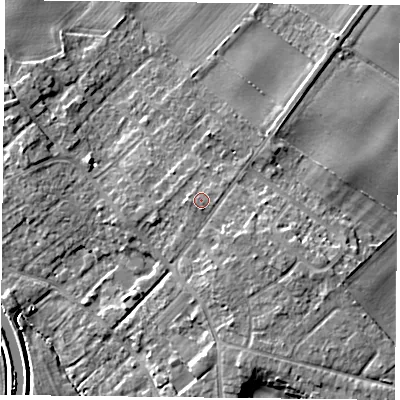 Shaded relief map of the ground around DN31AA, computed from Environment Agency LiDAR. The ground here sits at about 10 m above sea level and falls 9 m across the surrounding 800 m. Surface water reaching this point runs off ground lying to the west, 0.8 m higher.