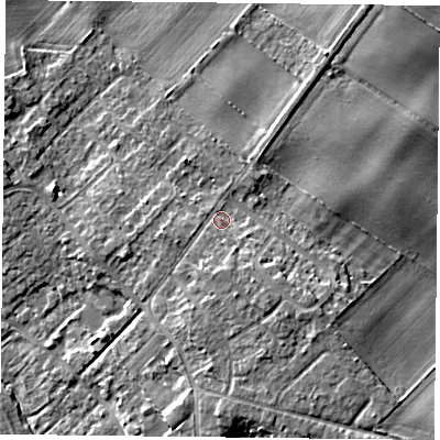 Shaded relief map of the ground around DN31AB, computed from Environment Agency LiDAR. The ground here sits at about 10 m above sea level and falls 9 m across the surrounding 800 m. Surface water reaching this point runs off ground lying to the south-south-east, 3.1 m higher.