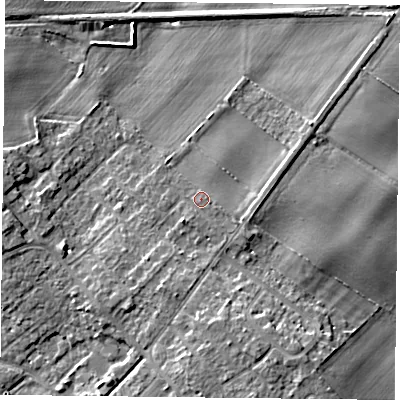 Shaded relief map of the ground around DN31AN, computed from Environment Agency LiDAR. The ground here sits at about 9 m above sea level and falls 8 m across the surrounding 800 m. Surface water reaching this point runs off ground lying to the south-east, 1.1 m higher.