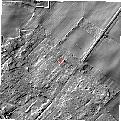 Shaded relief map of the ground around DN31AP, computed from Environment Agency LiDAR. The ground here sits at about 9 m above sea level and falls 9 m across the surrounding 800 m. Surface water reaching this point runs off ground lying to the south, 2.5 m higher.