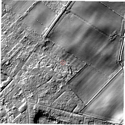 Shaded relief map of the ground around DN31AQ, computed from Environment Agency LiDAR. The ground here sits at about 9 m above sea level and falls 8 m across the surrounding 800 m. Surface water reaching this point runs off ground lying to the south, 3.2 m higher.