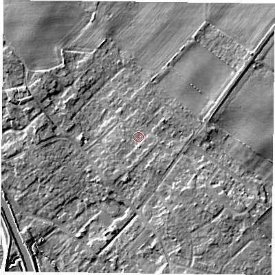 Shaded relief map of the ground around DN31AT, computed from Environment Agency LiDAR. The ground here sits at about 9 m above sea level and falls 9 m across the surrounding 800 m. Surface water reaching this point runs off ground lying to the south-south-east, 1.5 m higher.