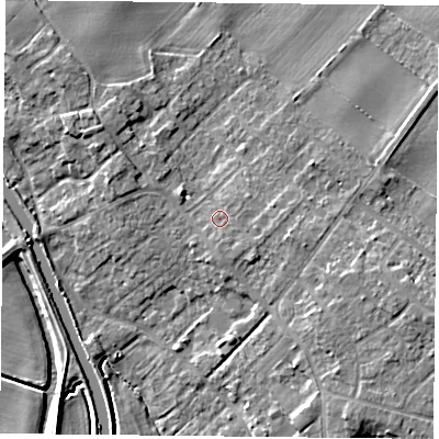 Shaded relief map of the ground around DN31AY, computed from Environment Agency LiDAR. The ground here sits at about 9 m above sea level and falls 9 m across the surrounding 800 m. Surface water reaching this point runs off ground lying to the east, 1.7 m higher.