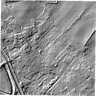 Shaded relief map of the ground around DN31BA, computed from Environment Agency LiDAR. The ground here sits at about 8 m above sea level and falls 9 m across the surrounding 800 m. Surface water reaching this point runs off ground lying to the south-east, 2.0 m higher.