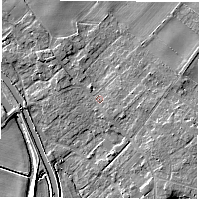 Shaded relief map of the ground around DN31BB, computed from Environment Agency LiDAR. The ground here sits at about 9 m above sea level and falls 9 m across the surrounding 800 m. Surface water reaching this point runs off ground lying to the south-east, 1.3 m higher.