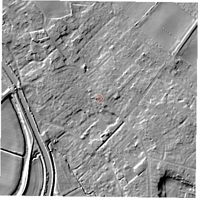 Shaded relief map of the ground around DN31BG, computed from Environment Agency LiDAR. The ground here sits at about 9 m above sea level and falls 9 m across the surrounding 800 m. Surface water reaching this point runs off ground lying to the east, 1.3 m higher.