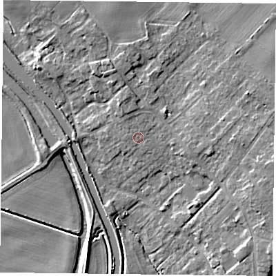 Shaded relief map of the ground around DN31BH, computed from Environment Agency LiDAR. The ground here sits at about 8 m above sea level and falls 9 m across the surrounding 800 m. Surface water reaching this point runs off ground lying to the north-north-west, 1.5 m higher.