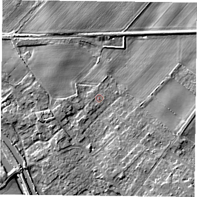 Shaded relief map of the ground around DN31BN, computed from Environment Agency LiDAR. The ground here sits at about 8 m above sea level and falls 9 m across the surrounding 800 m. Surface water reaching this point runs off ground lying to the west, 1.9 m higher.