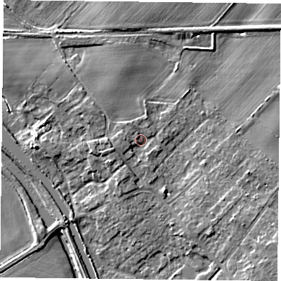 Shaded relief map of the ground around DN31BS, computed from Environment Agency LiDAR. The ground here sits at about 8 m above sea level and falls 9 m across the surrounding 800 m. Surface water reaching this point runs off ground lying to the west, 2.6 m higher.