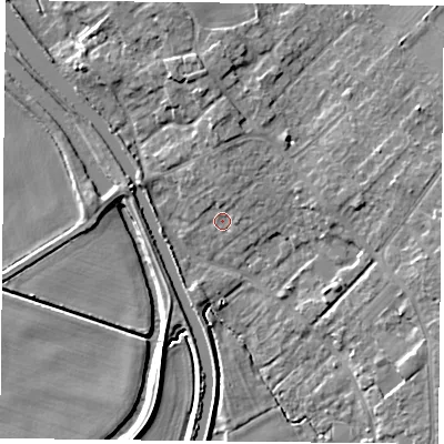 Shaded relief map of the ground around DN31BT, computed from Environment Agency LiDAR. The ground here sits at about 6 m above sea level and falls 9 m across the surrounding 800 m. Surface water reaching this point runs off ground lying to the north, 3.1 m higher.