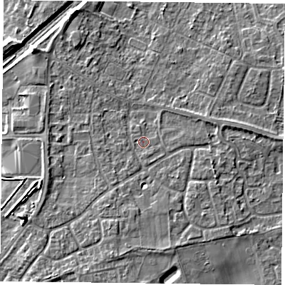 Shaded relief map of the ground around DN31BY, computed from Environment Agency LiDAR. The ground here sits at about 10 m above sea level and falls 7 m across the surrounding 800 m. Surface water reaching this point runs off ground lying to the south-south-west, 2.1 m higher.