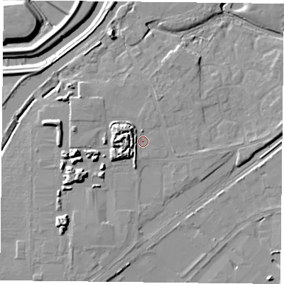 Shaded relief map of the ground around DN31BZ, computed from Environment Agency LiDAR. The ground here sits at about 8 m above sea level and falls 12 m across the surrounding 800 m. Surface water reaching this point runs off ground lying to the west-north-west, 5.2 m higher.