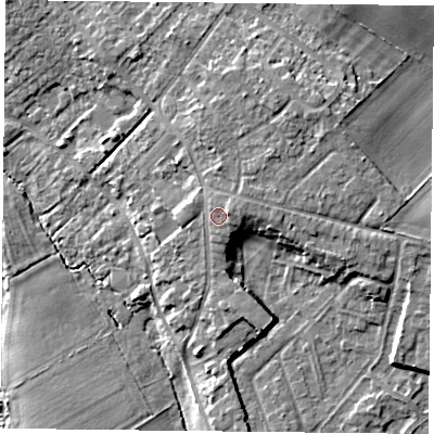 Shaded relief map of the ground around DN31DA, computed from Environment Agency LiDAR. The ground here sits at about 11 m above sea level and falls 9 m across the surrounding 800 m. Surface water reaching this point runs off ground lying to the east-north-east, 1.3 m higher.
