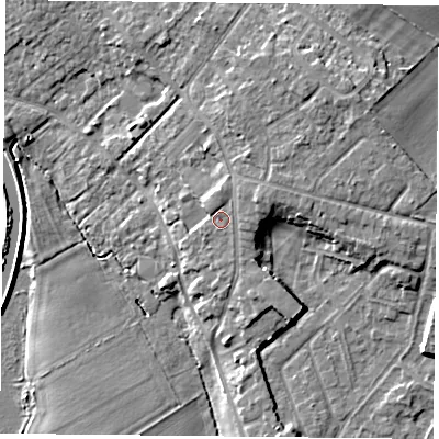 Shaded relief map of the ground around DN31DB, computed from Environment Agency LiDAR. The ground here sits at about 10 m above sea level and falls 9 m across the surrounding 800 m. Surface water reaching this point runs off ground lying to the east-north-east, 1.4 m higher.