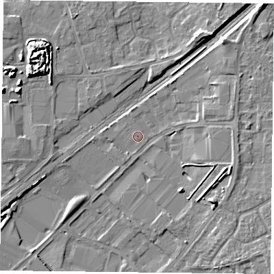 Shaded relief map of the ground around DN31DG, computed from Environment Agency LiDAR. The ground here sits at about 8 m above sea level and falls 9 m across the surrounding 800 m. The ground contributing surface water to this point lies to the south-south-west.