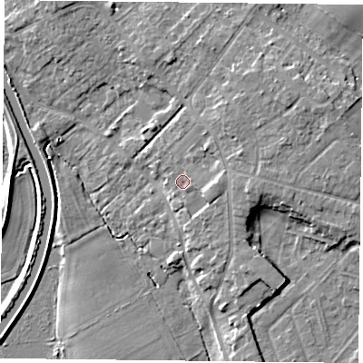 Shaded relief map of the ground around DN31DJ, computed from Environment Agency LiDAR. The ground here sits at about 9 m above sea level and falls 9 m across the surrounding 800 m. Surface water reaching this point runs off ground lying to the east, 2.8 m higher.
