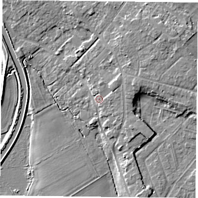 Shaded relief map of the ground around DN31DS, computed from Environment Agency LiDAR. The ground here sits at about 9 m above sea level and falls 9 m across the surrounding 800 m. Surface water reaching this point runs off ground lying to the east-north-east, 3.9 m higher.