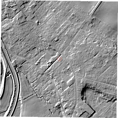 Shaded relief map of the ground around DN31DT, computed from Environment Agency LiDAR. The ground here sits at about 9 m above sea level and falls 9 m across the surrounding 800 m. Surface water reaching this point runs off ground lying to the east, 3.7 m higher.